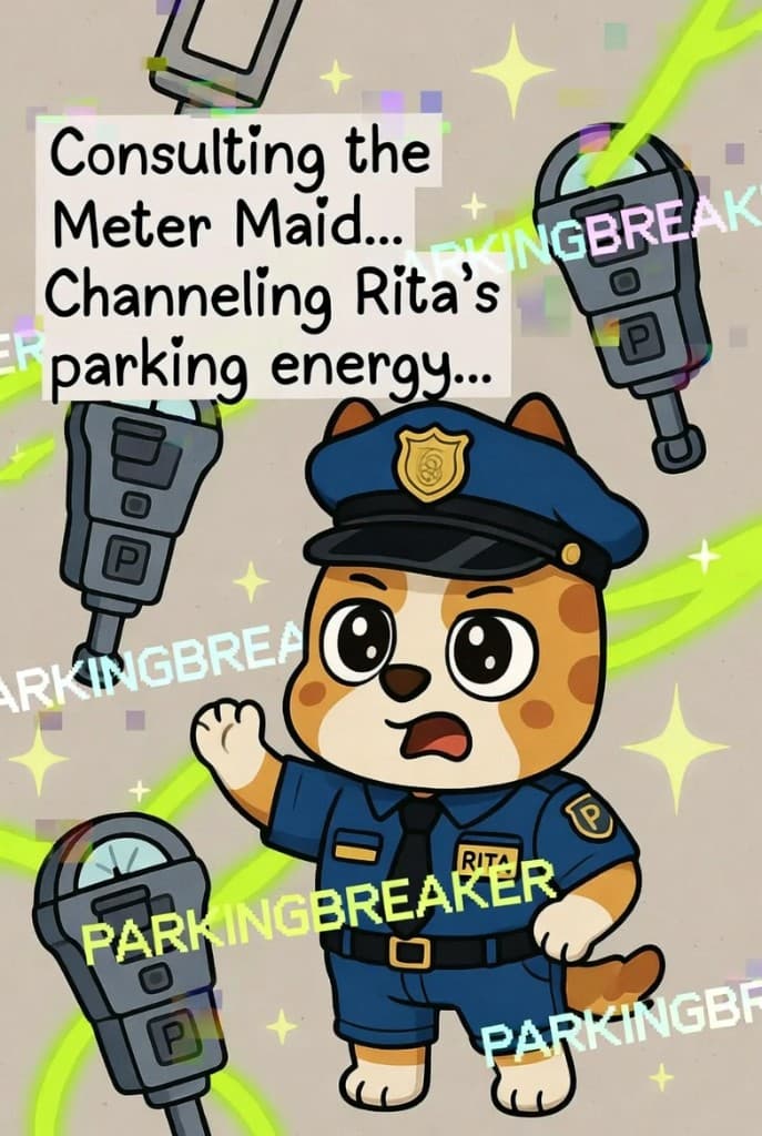 ParkingBreaker character Rita, a meter officer pup, channeling parking energy while we work.